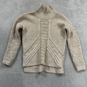 Duffy‎ Long Sleeve Braided Knit Sweater Women XS Beige Mock Neck Merino Wool